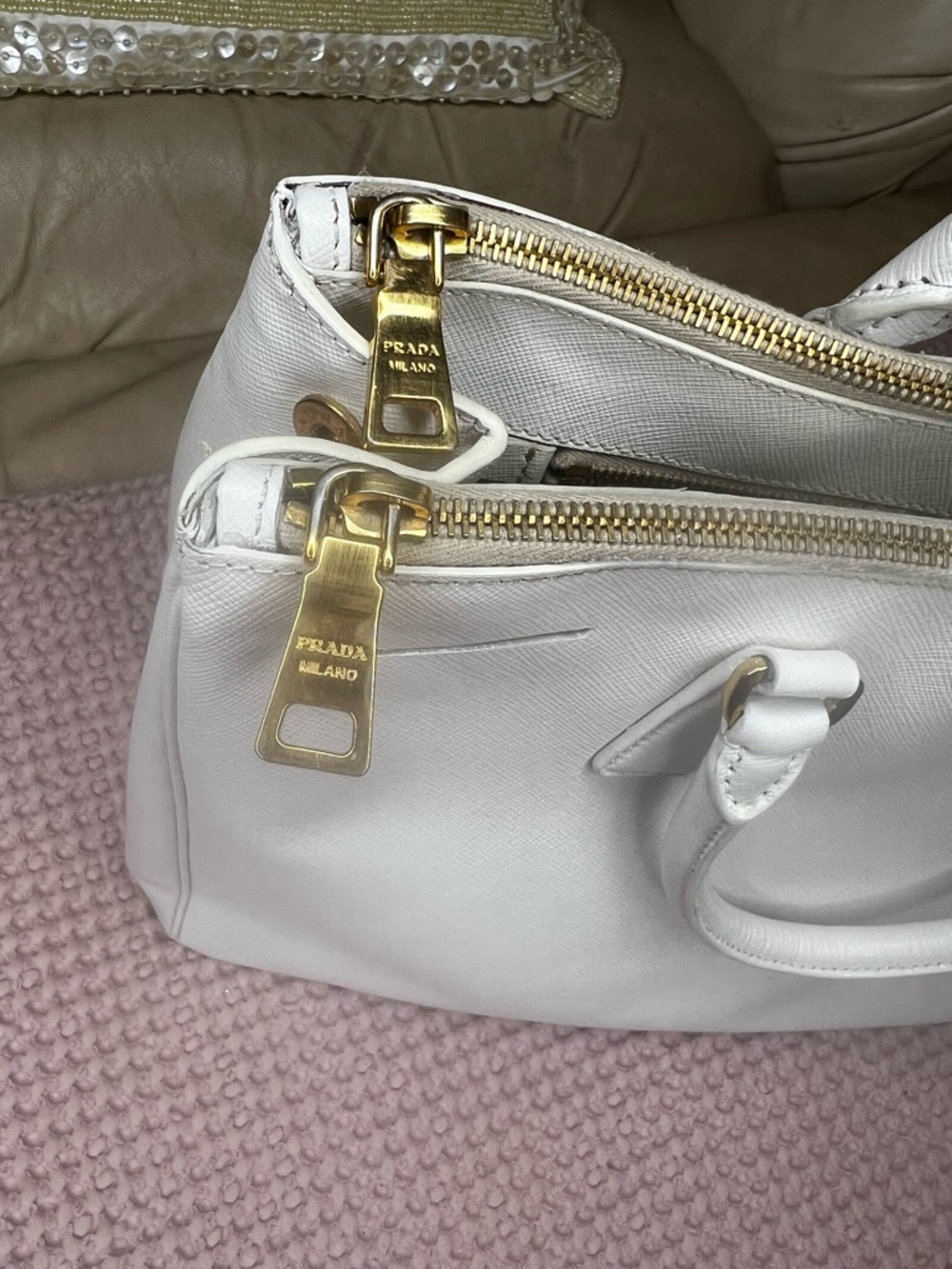 Prada White Saffiano Leather Double-Zip Satchel Tote - Picture 14 of 17